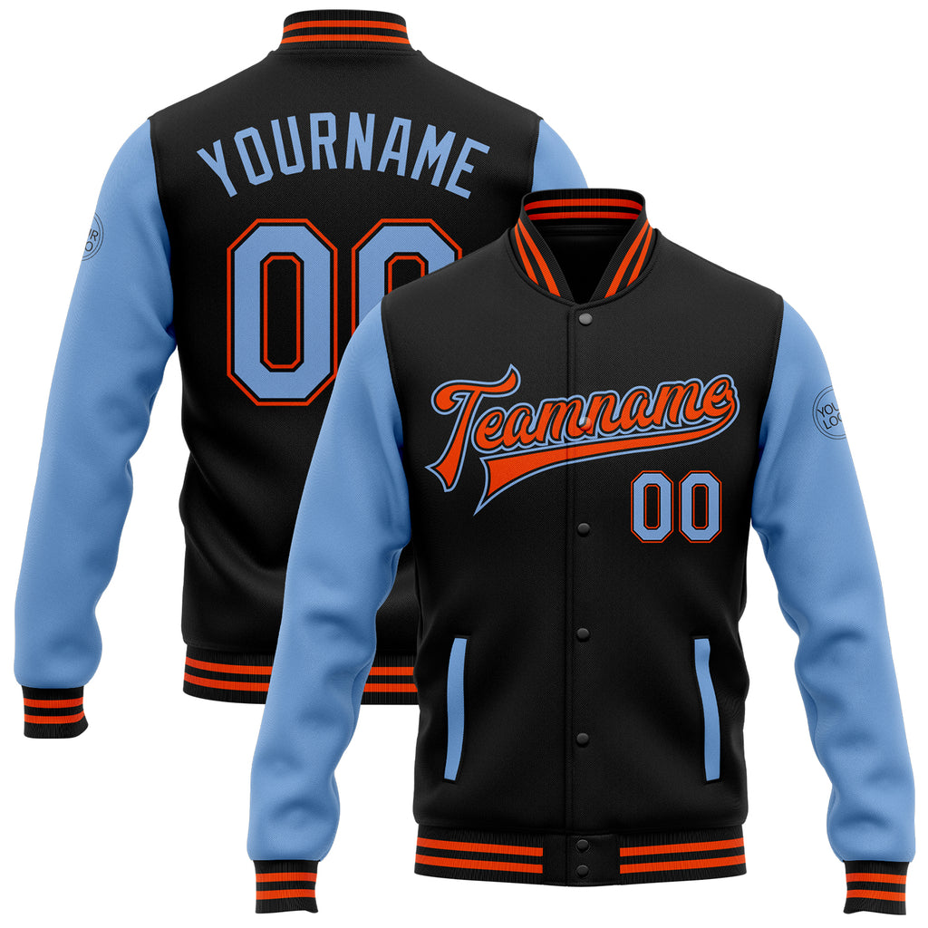 Custom Black Light Blue-Orange Bomber Full-Snap Varsity Letterman Two Tone Jacket