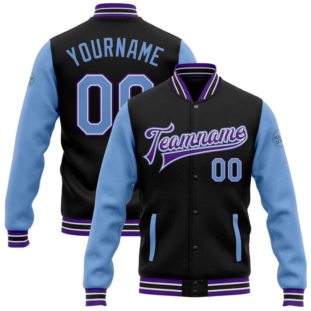 Custom Black Light Blue-Purple Bomber Full-Snap Varsity Letterman Two Tone Jacket