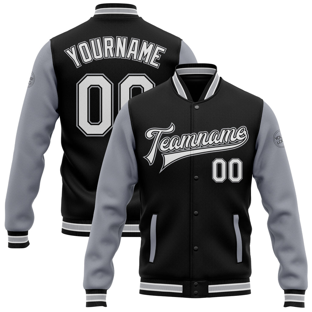 Custom Black White-Gray Bomber Full-Snap Varsity Letterman Two Tone Jacket