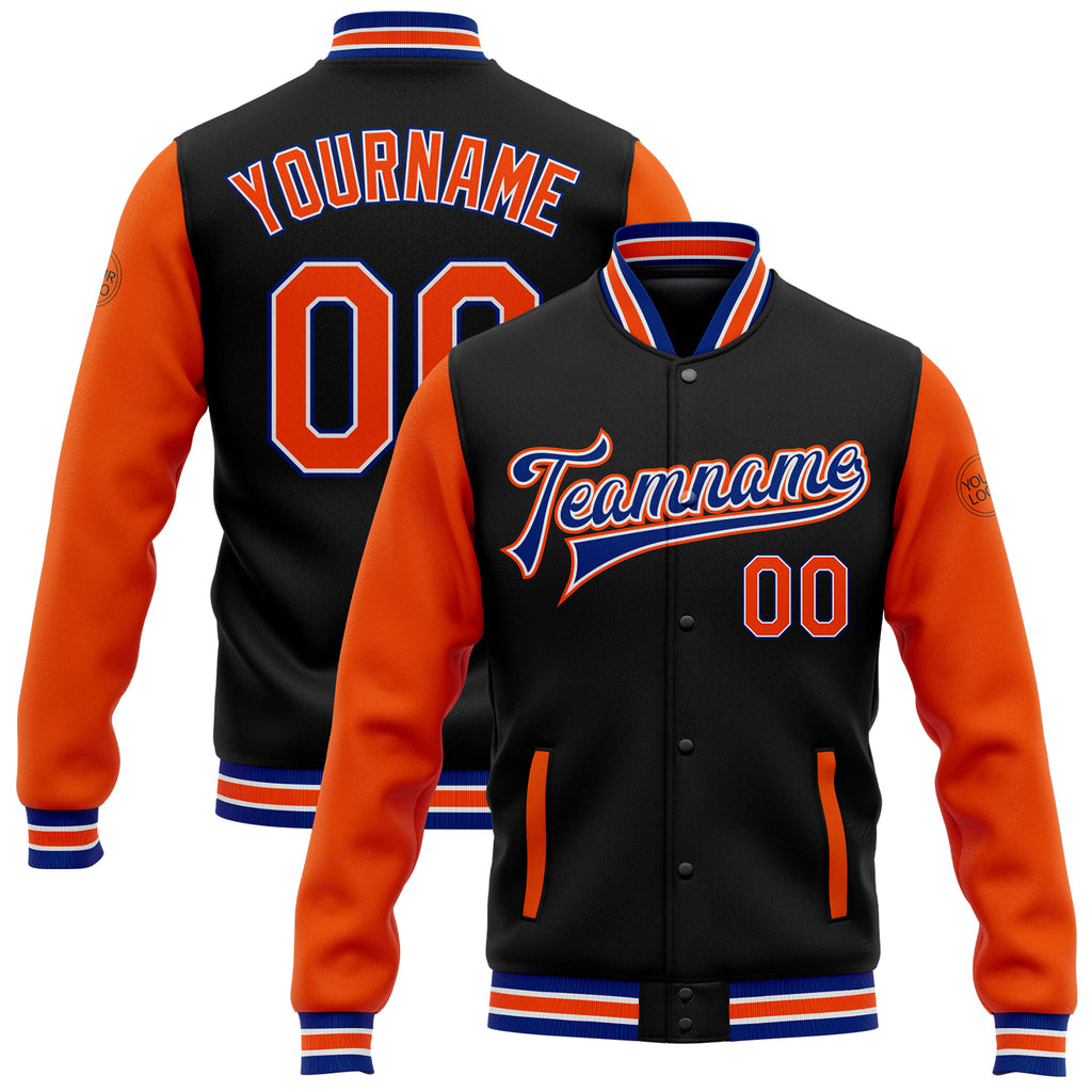 Custom Black Orange-Royal Bomber Full-Snap Varsity Letterman Two Tone Jacket