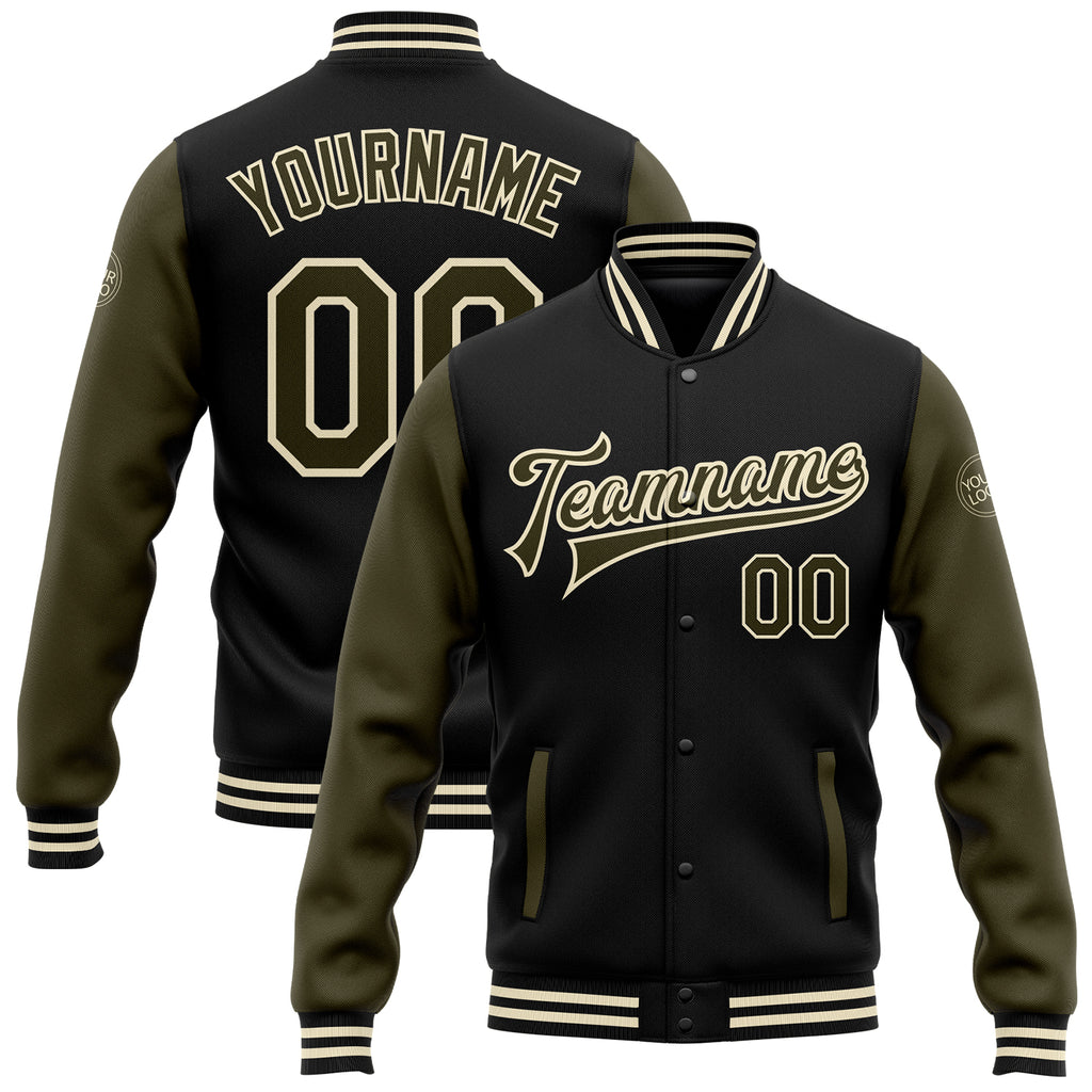 Custom Black Olive-Cream Bomber Full-Snap Varsity Letterman Two Tone Jacket