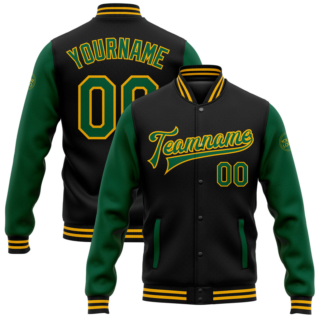 Custom Black Kelly Green-Gold Bomber Full-Snap Varsity Letterman Two Tone Jacket