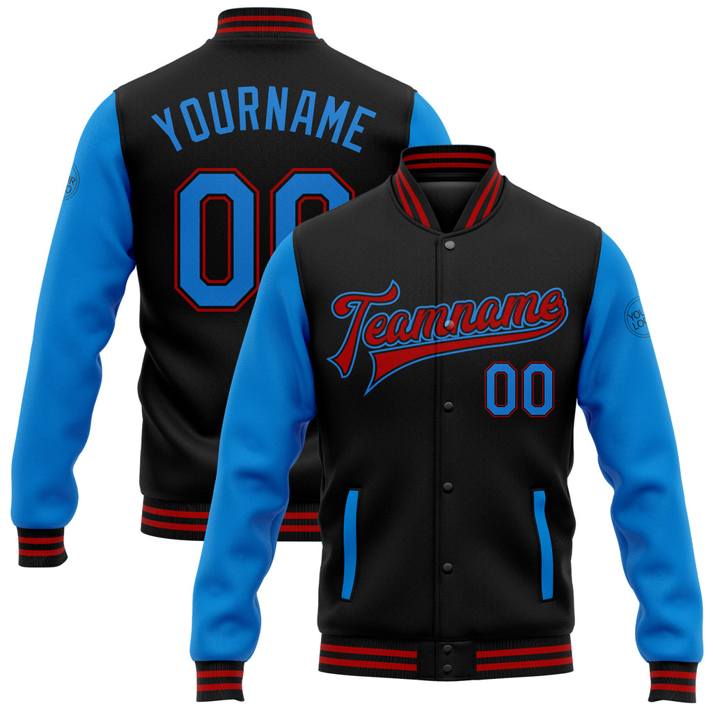 Custom Black Powder Blue-Red Bomber Full-Snap Varsity Letterman Two Tone Jacket