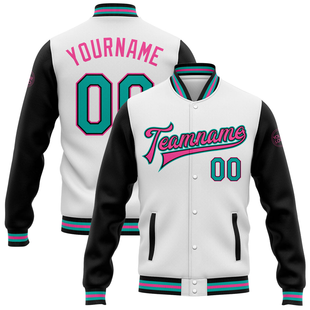 Custom White Aqua-Pink Bomber Full-Snap Varsity Letterman Two Tone Jacket