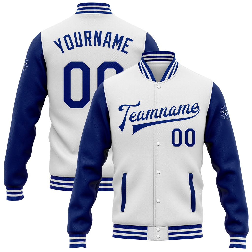 Custom White Royal Bomber Full-Snap Varsity Letterman Two Tone Jacket