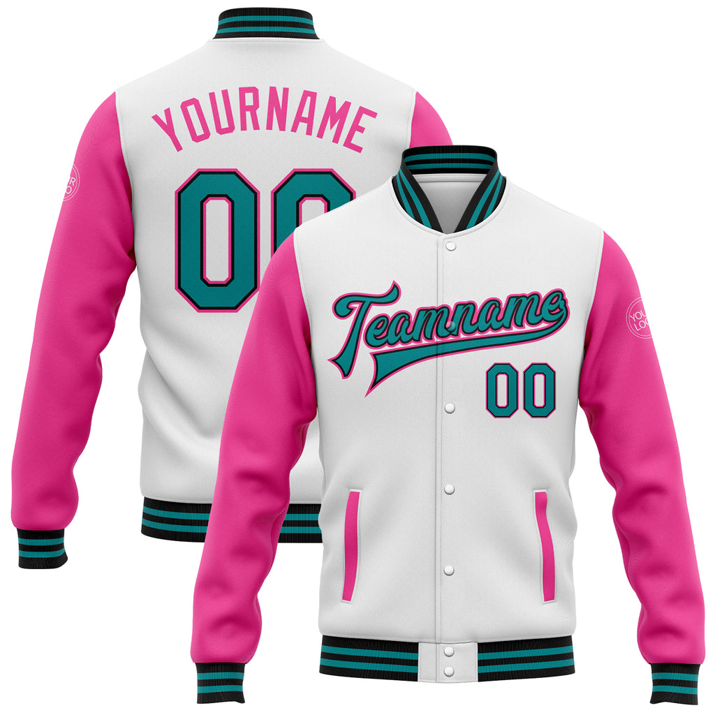 Custom White Teal Black-Pink Bomber Full-Snap Varsity Letterman Two Tone Jacket