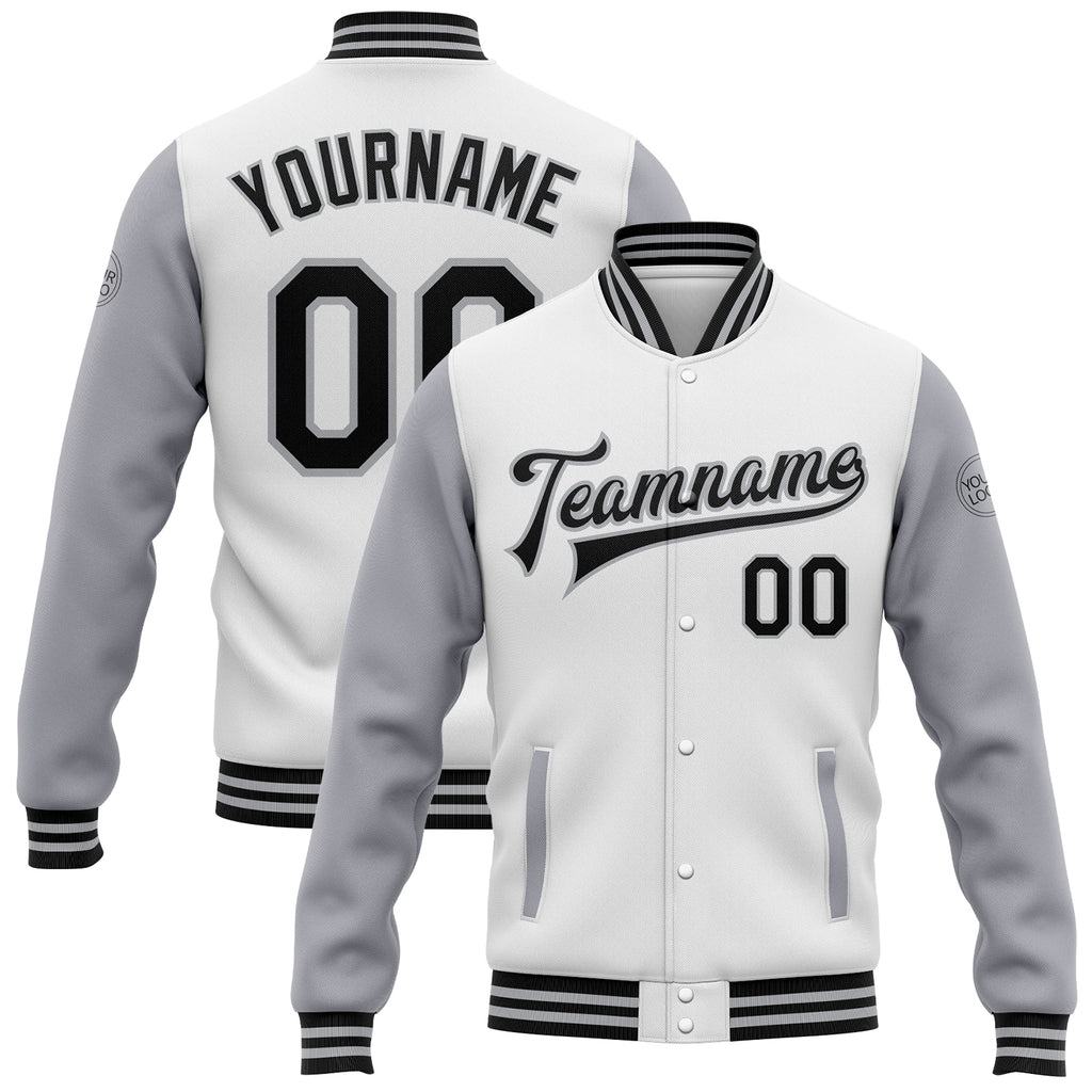 Custom White Black-Gray Bomber Full-Snap Varsity Letterman Two Tone Jacket