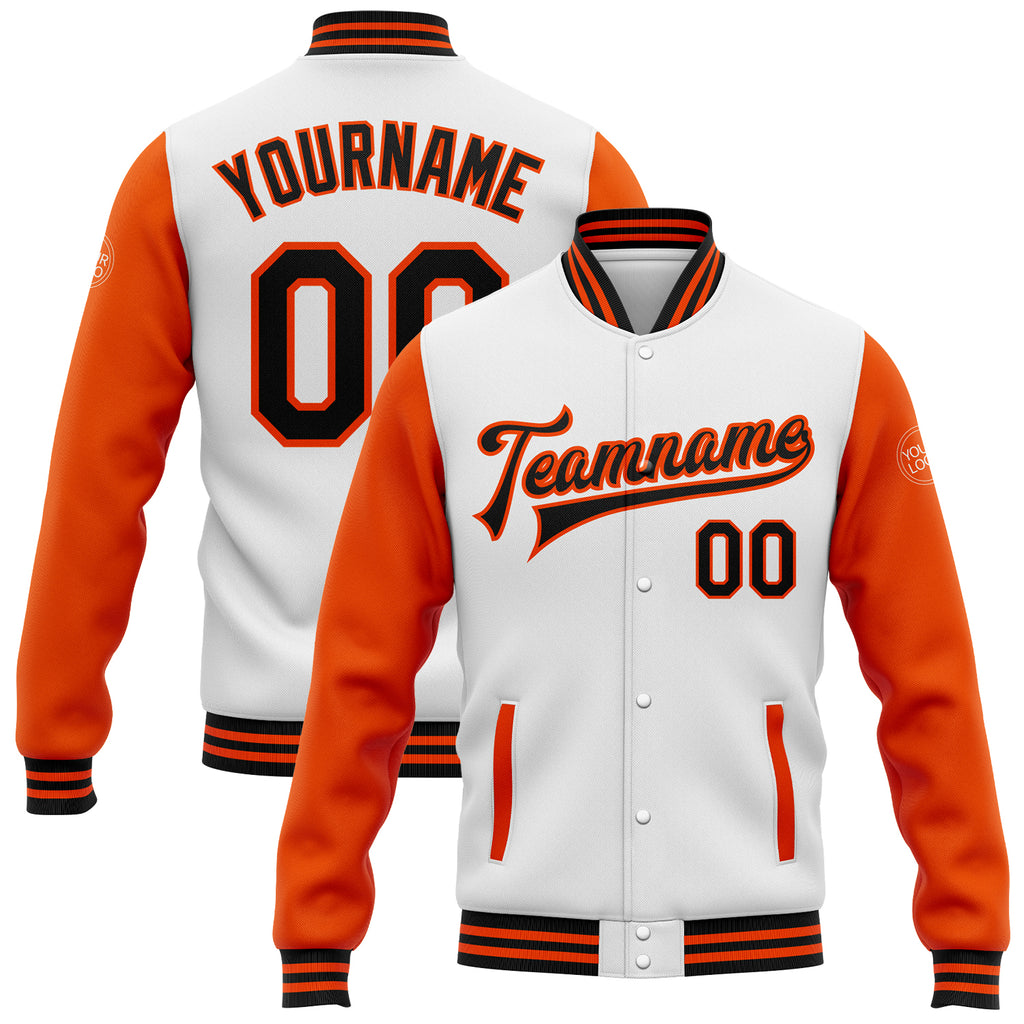 Custom White Black-Orange Bomber Full-Snap Varsity Letterman Two Tone Jacket