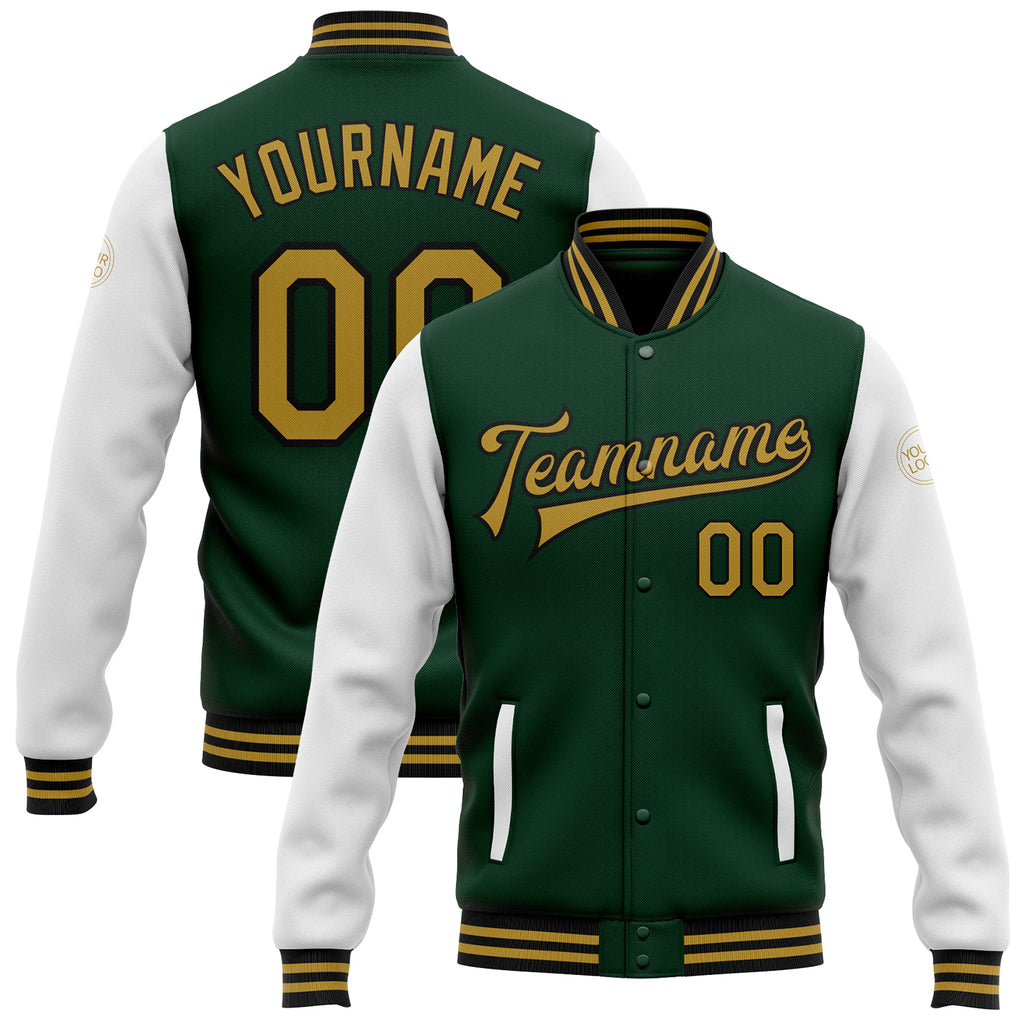 Custom Green Old Gold-Black Bomber Full-Snap Varsity Letterman Two Tone Jacket