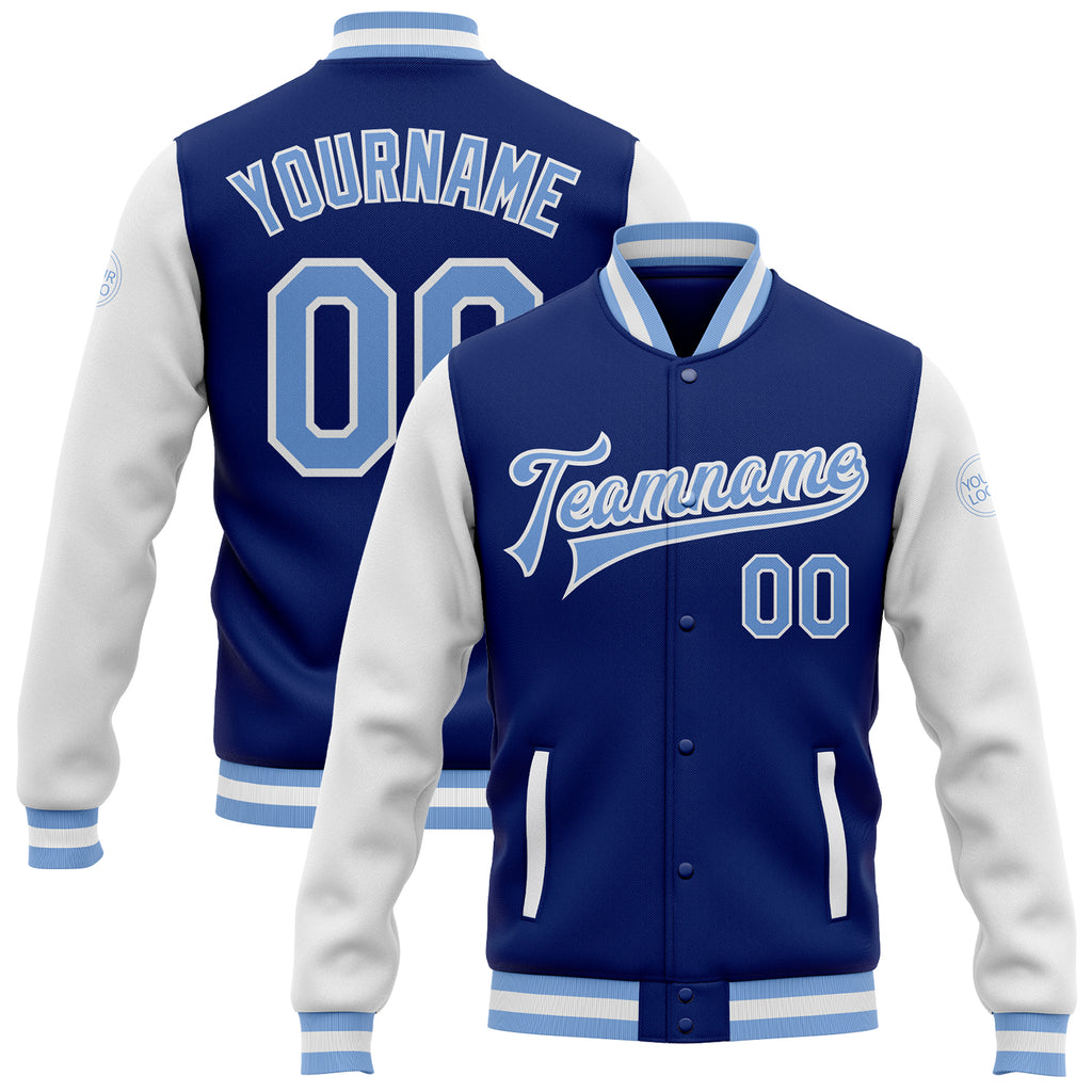 Cheap Custom Purple Light Blue Black-Pink Bomber Full-Snap Varsity