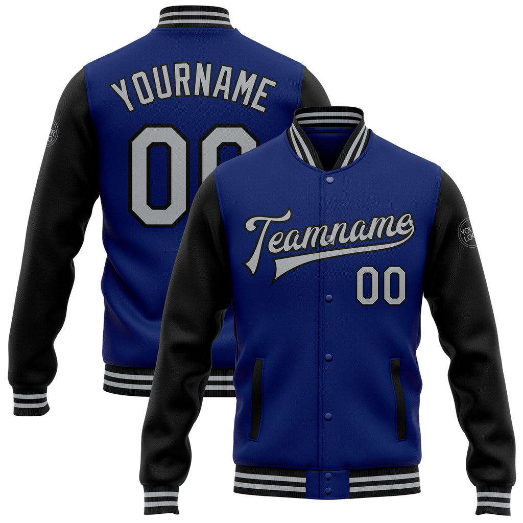 Custom Royal Gray-Black Bomber Full-Snap Varsity Letterman Two Tone Jacket