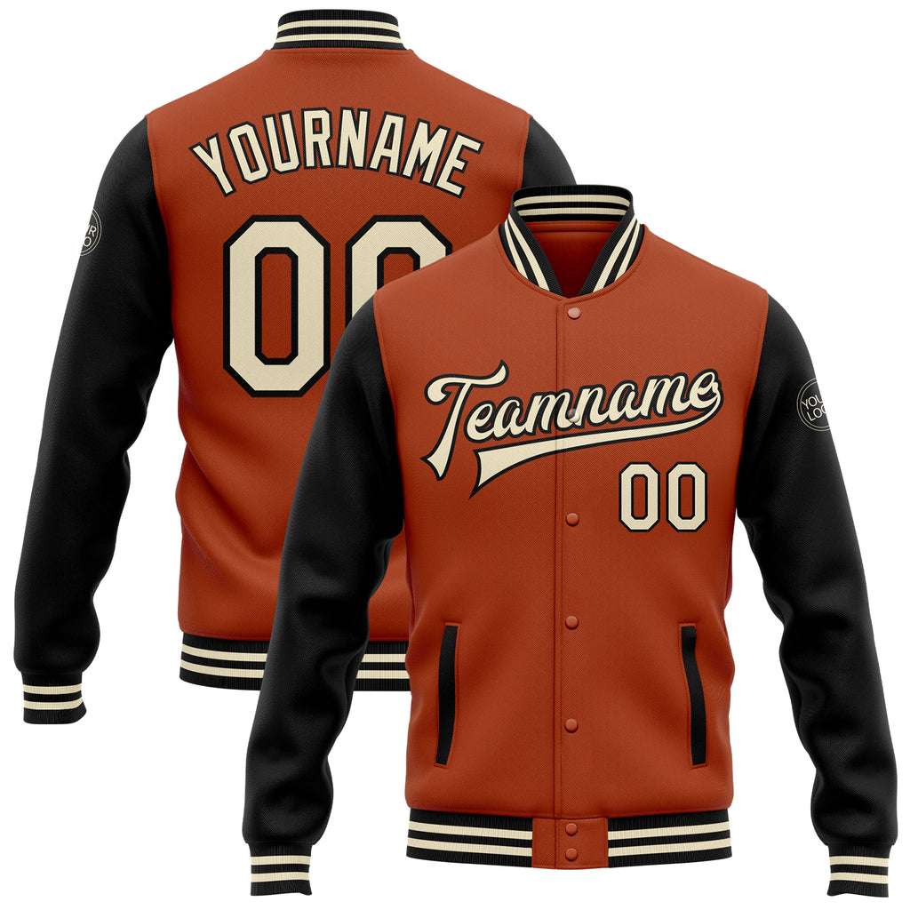 Custom Royal Orange-Black Bomber Full-Snap Varsity Letterman Two