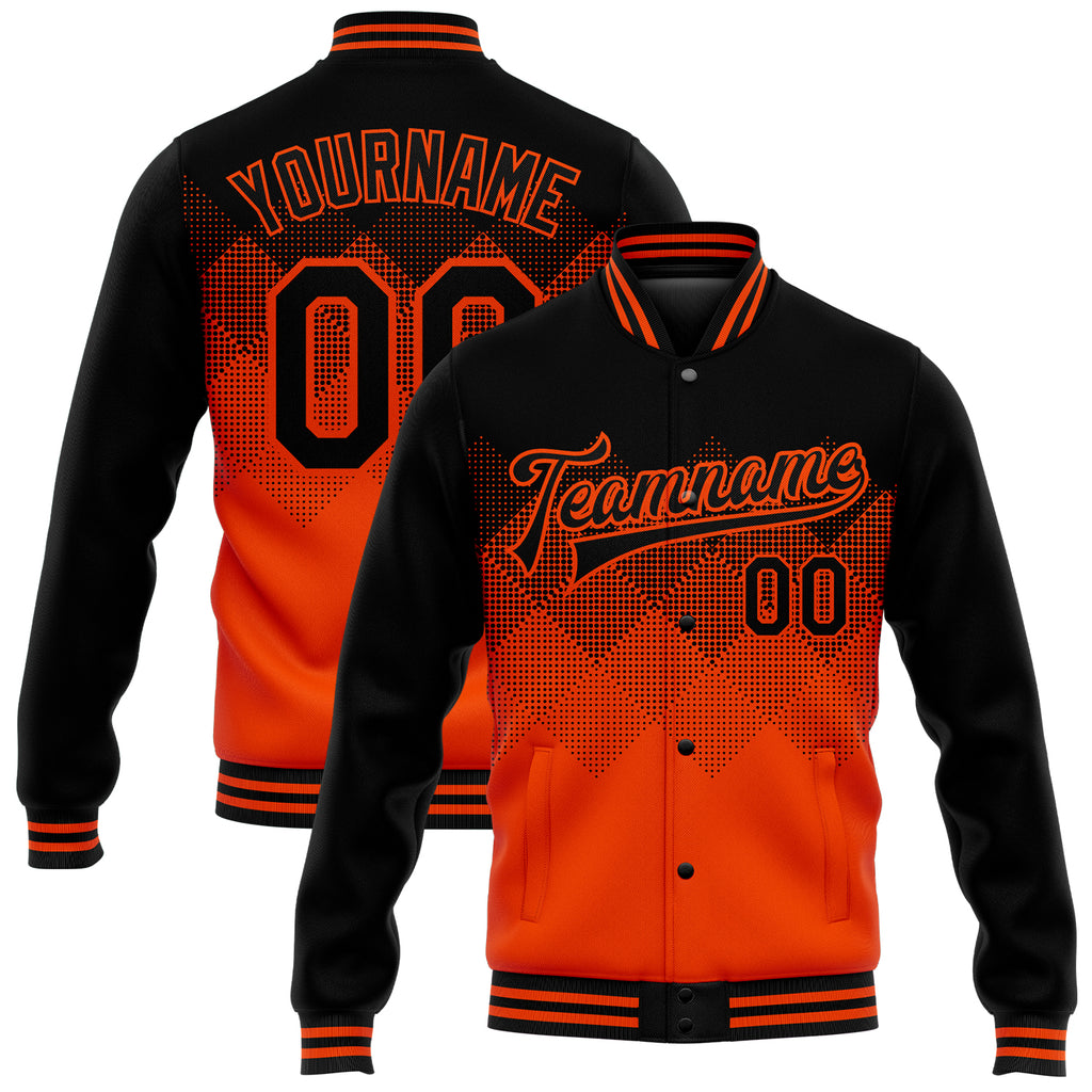 Custom Orange Black 3D Pattern Design Bomber Full-Snap Varsity Letterman Jacket