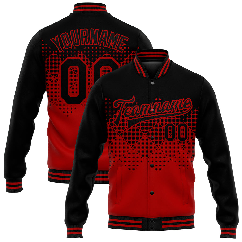 Custom Red Black 3D Pattern Design Bomber Full-Snap Varsity Letterman Jacket