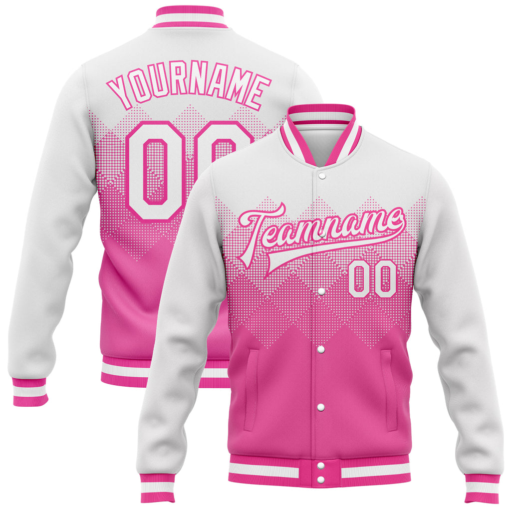 Custom Pink White 3D Pattern Design Bomber Full-Snap Varsity Letterman Jacket