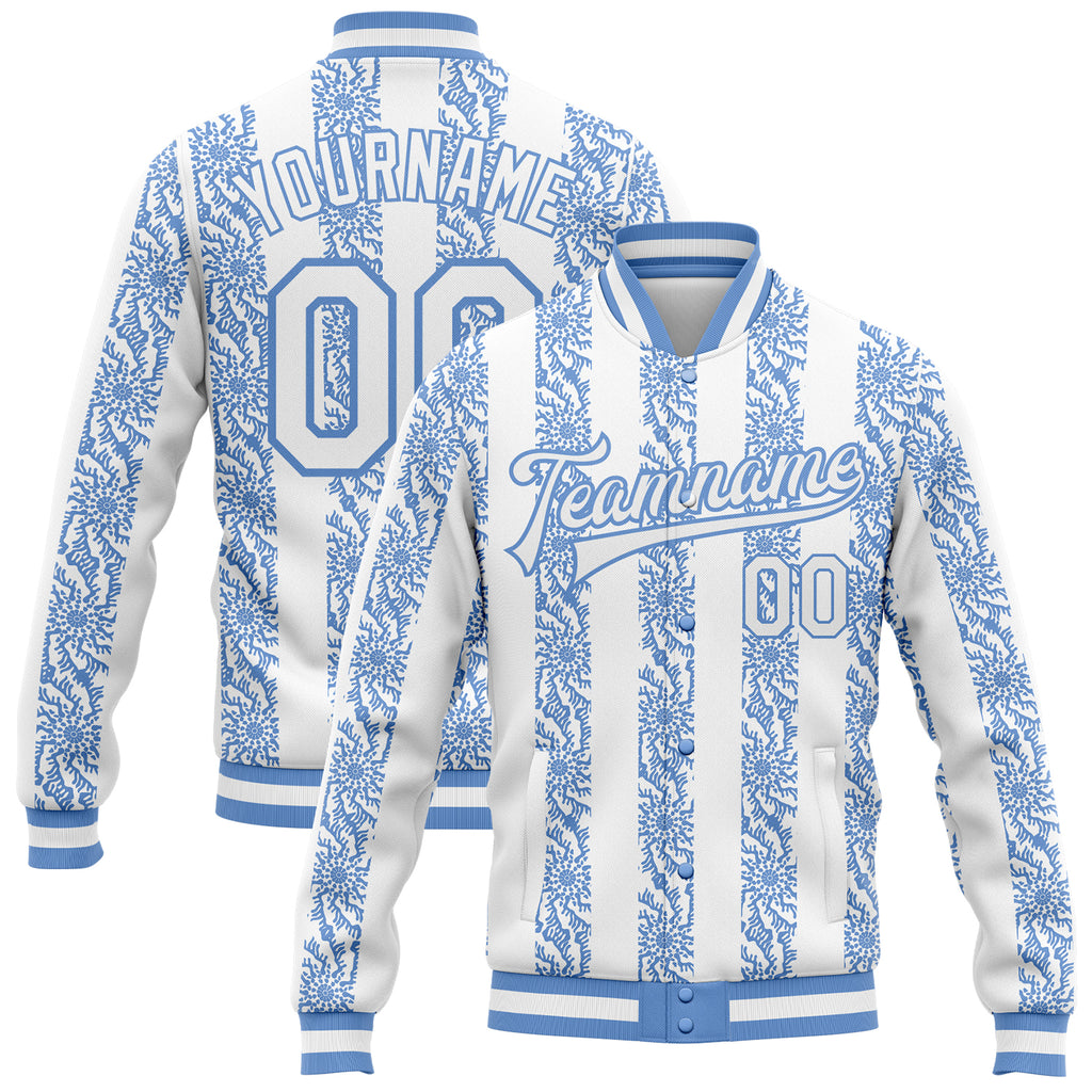 Custom Light Blue-White 3D Pattern Design Bomber Full-Snap Varsity Letterman Jacket