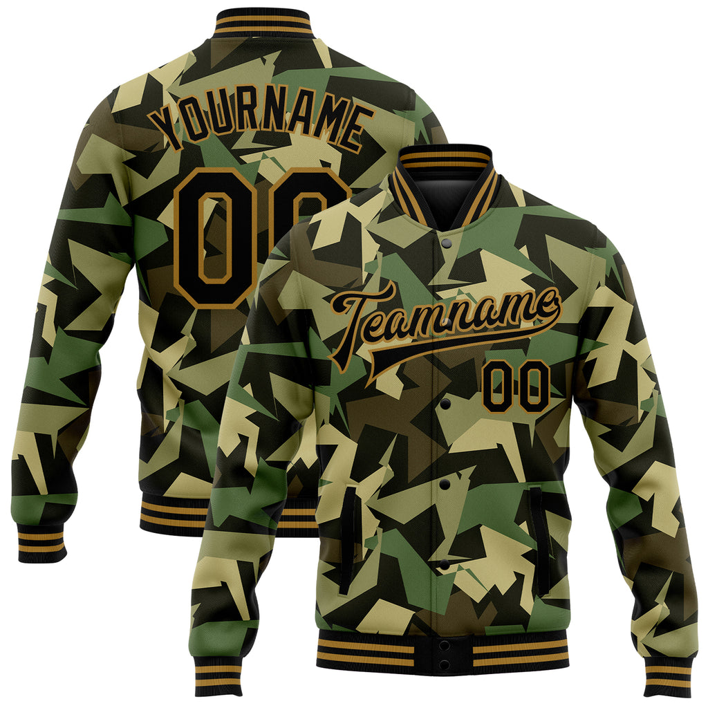 Custom Camo Black-Old Gold Geometric Camouflage 3D Bomber Full-Snap Varsity Letterman Salute To Service Jacket