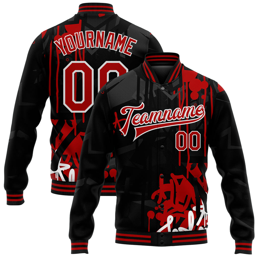 Custom Graffiti Pattern Red-Black Dark Abstract Urban Street Art 3D Bomber Full-Snap Varsity Letterman Jacket