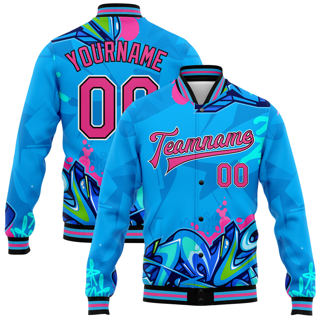 Custom Graffiti Pattern Pink-Black Hiphop Abstract Urban Street Art 3D Bomber Full-Snap Varsity Letterman Jacket