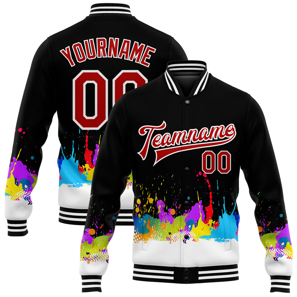 Custom Graffiti Pattern Red-White Splashes 3D Bomber Full-Snap Varsity Letterman Jacket