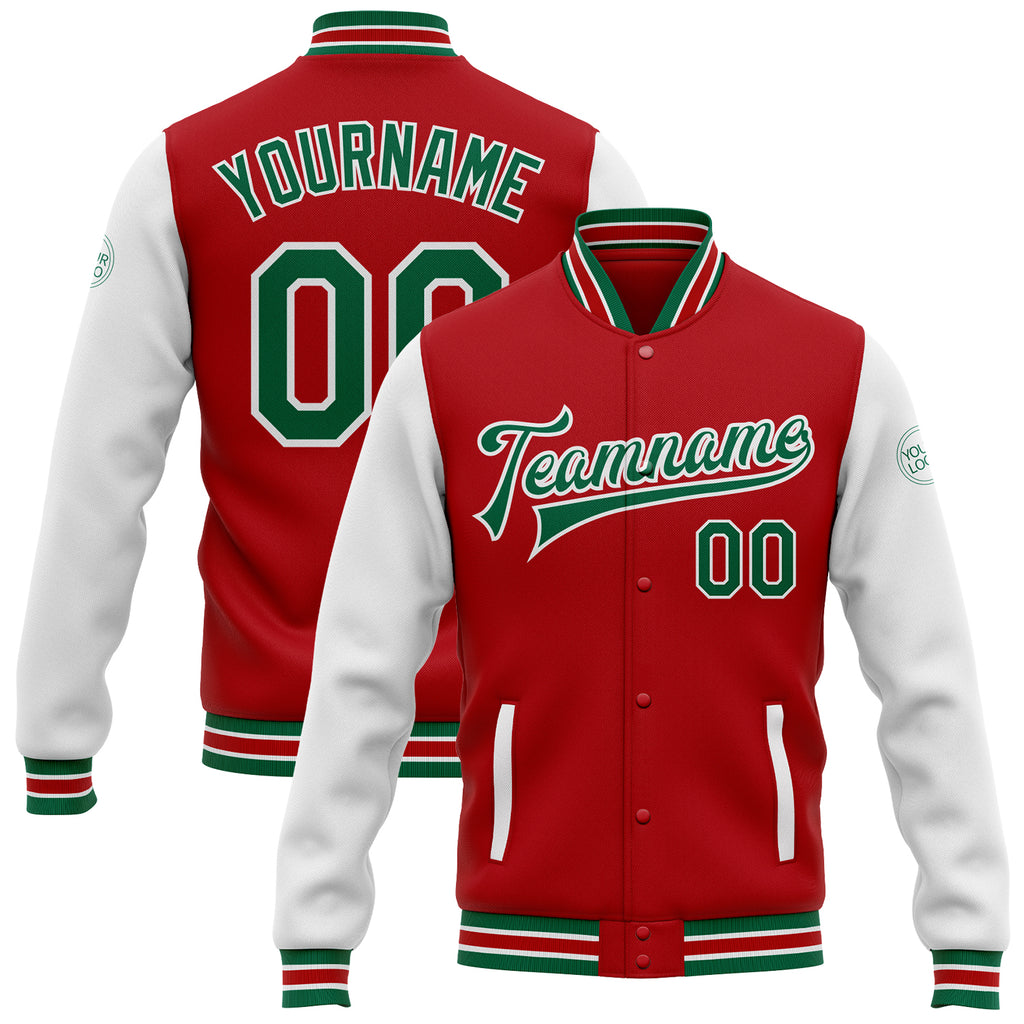 Custom Red Kelly Green-White Bomber Full-Snap Varsity Letterman Two Tone Jacket