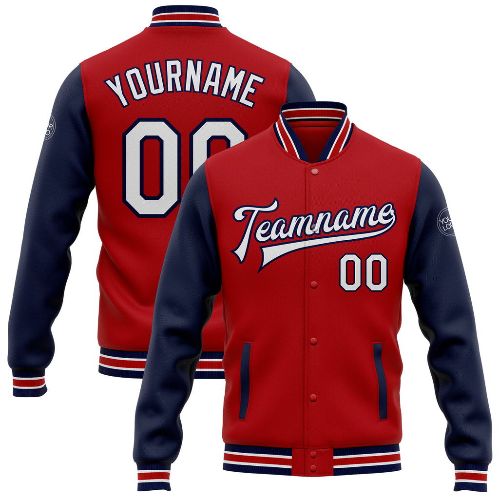 Custom Red White-Navy Bomber Full-Snap Varsity Letterman Two Tone Jacket