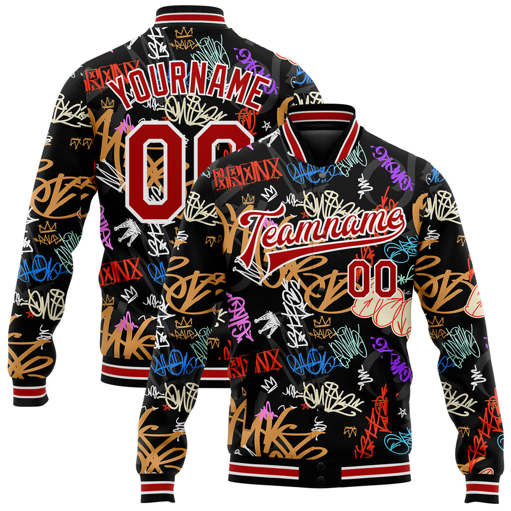 Custom Graffiti Pattern Red-White Hiphop Urban Street Art 3D Bomber Full-Snap Varsity Letterman Jacket