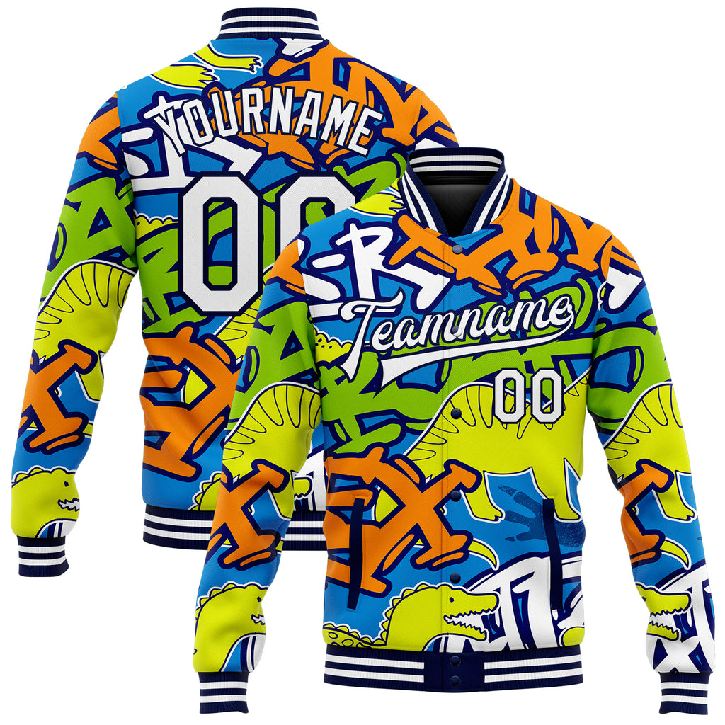 Custom Graffiti Pattern White-Navy Grunge Art With Dinosaur And Words 3D Bomber Full-Snap Varsity Letterman Jacket