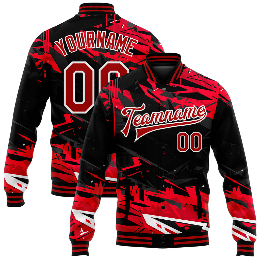 Custom Graffiti Pattern Red-White Dark Black Abstract Urban Street Art 3D Bomber Full-Snap Varsity Letterman Jacket