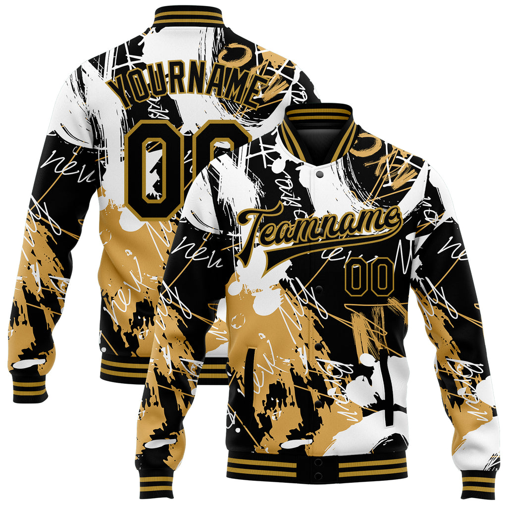 Custom Graffiti Pattern Black-Old Gold Grunge Art 3D Bomber Full-Snap Varsity Letterman Jacket