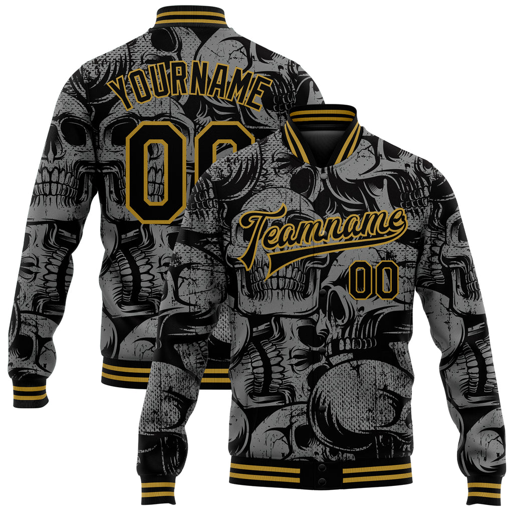 Custom Black Old Gold Skull Fashion 3D Bomber Full-Snap Varsity Letterman Jacket