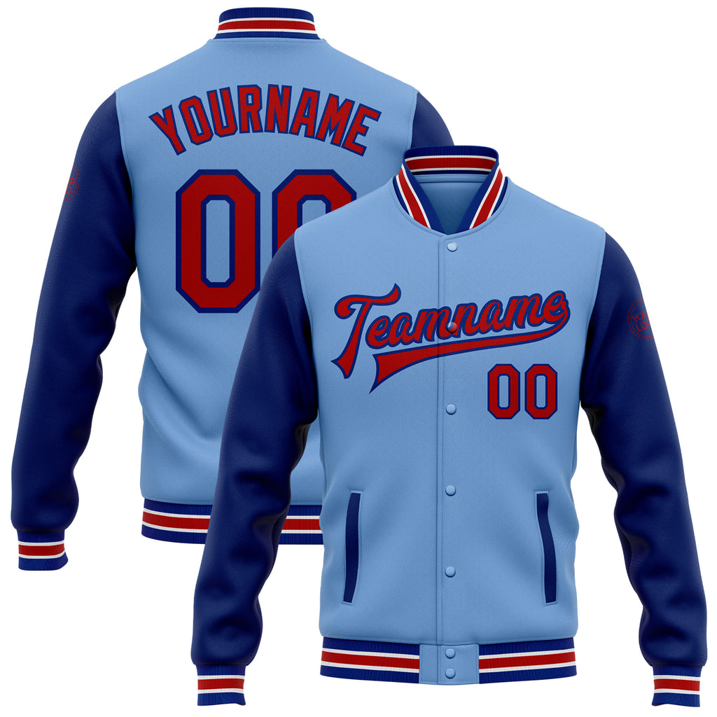 Custom Light Blue Red-Royal Bomber Full-Snap Varsity Letterman Two Tone Jacket