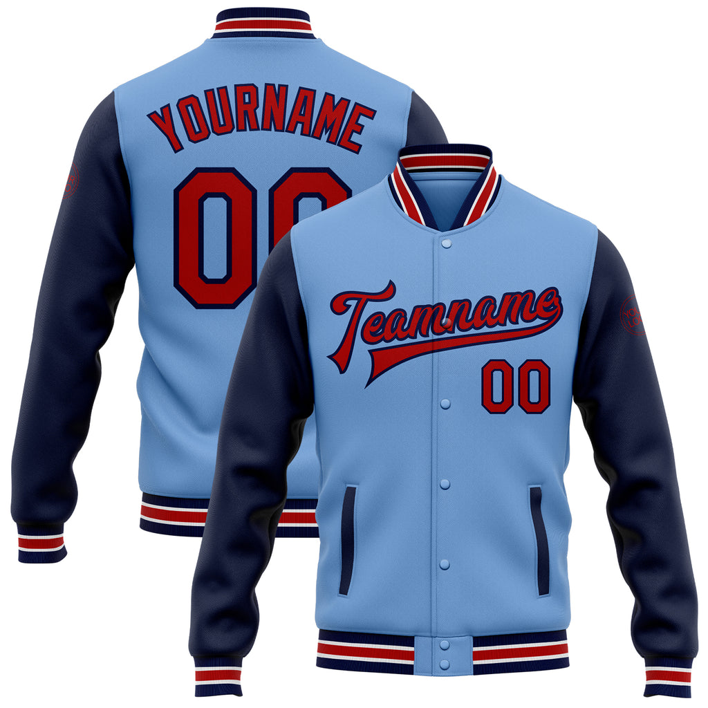 Custom Light Blue Red-Navy Bomber Full-Snap Varsity Letterman Two Tone Jacket