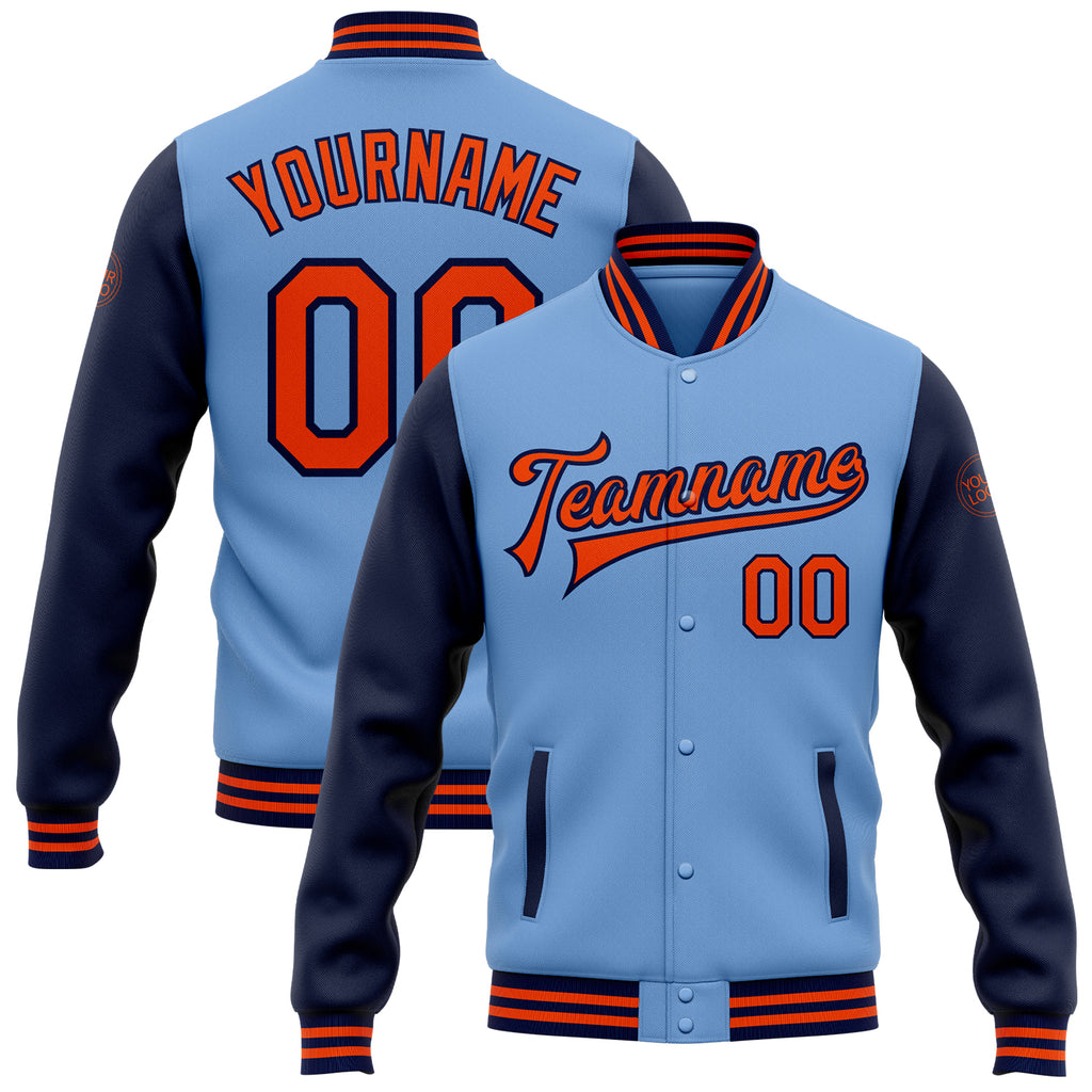 Custom Light Blue Orange-Navy Bomber Full-Snap Varsity Letterman Two Tone Jacket