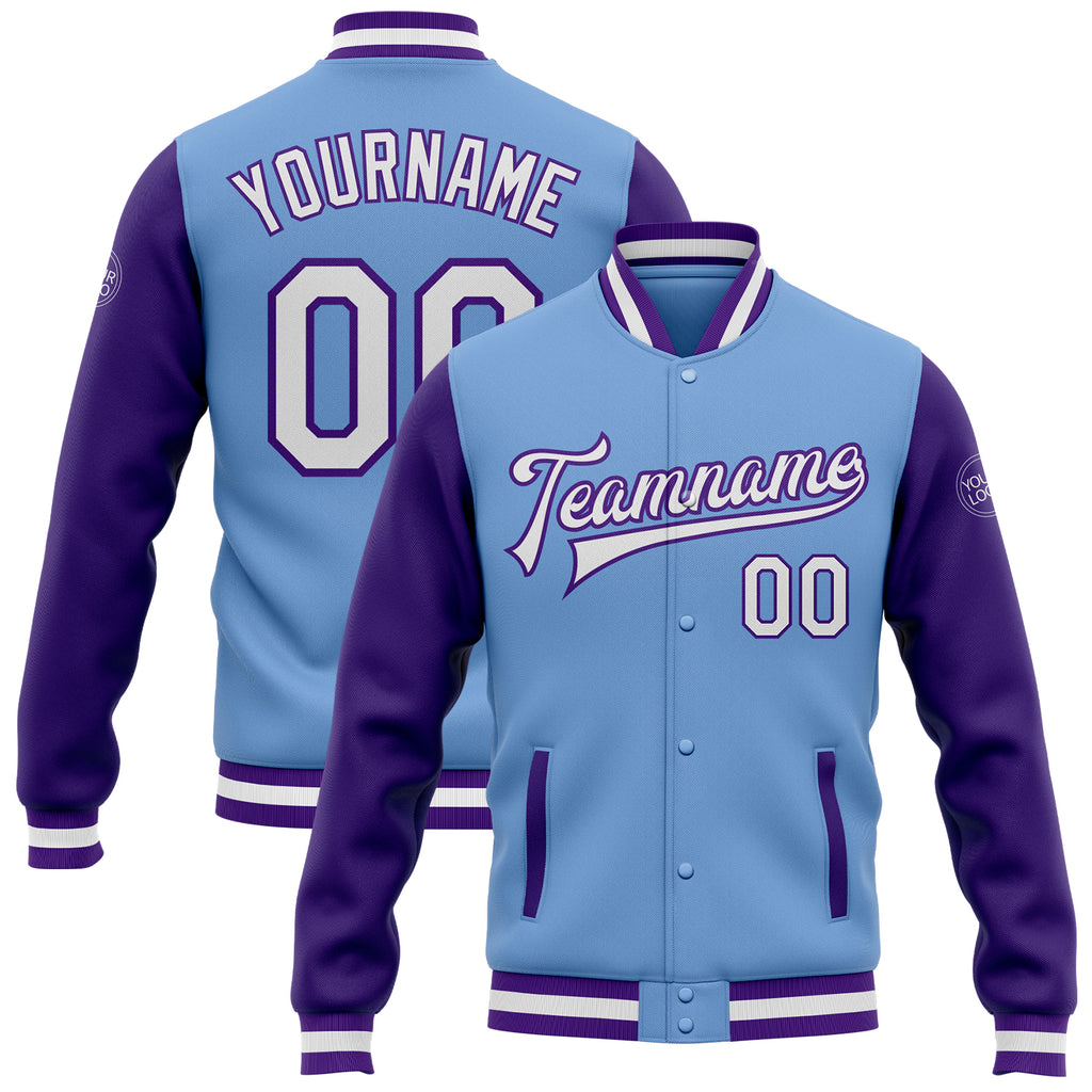 Custom Light Blue White-Purple Bomber Full-Snap Varsity Letterman Two Tone Jacket