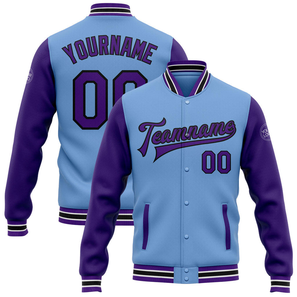 Custom Light Blue Purple-Black Bomber Full-Snap Varsity Letterman Two Tone Jacket