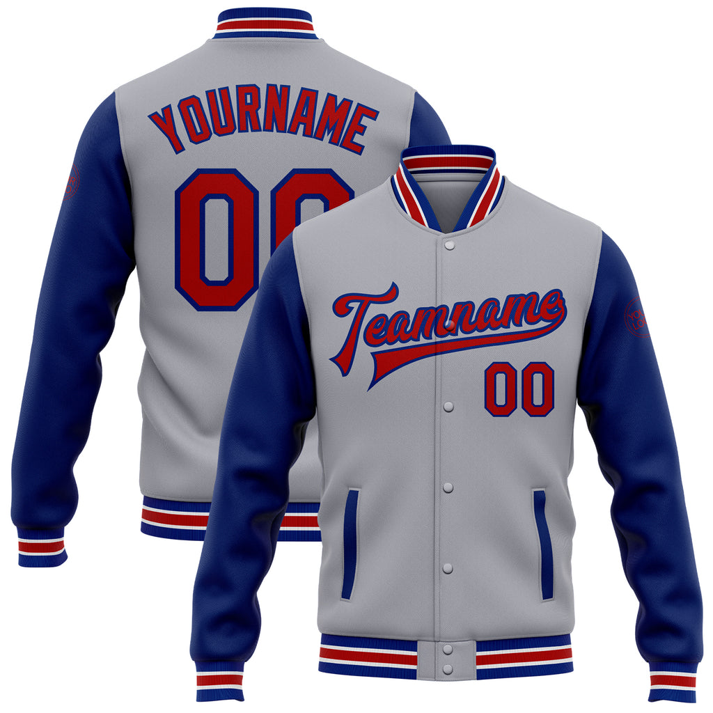 Custom Gray Red-Royal Bomber Full-Snap Varsity Letterman Two Tone Jacket