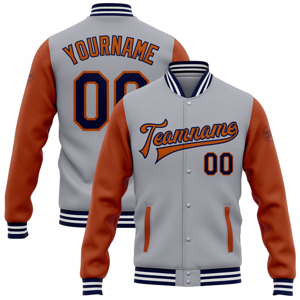 Custom Gray Navy-Texas Orange Bomber Full-Snap Varsity Letterman Two Tone Jacket