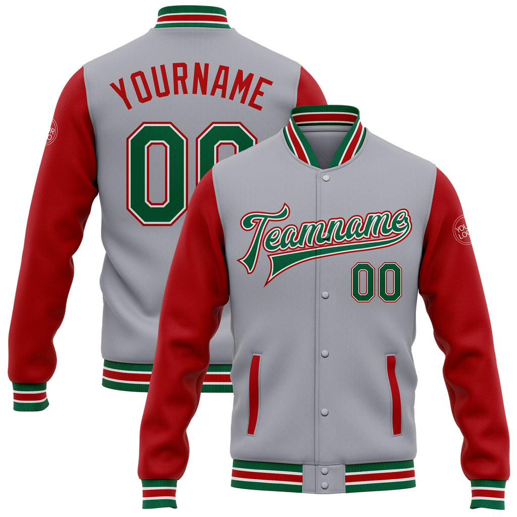 Custom Gray Kelly Green-Red Bomber Full-Snap Varsity Letterman Two Tone Jacket