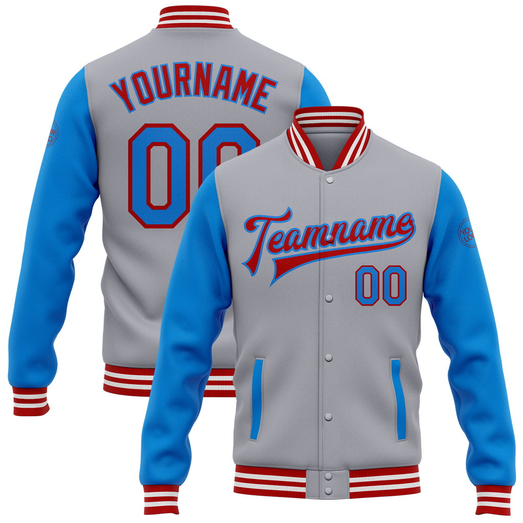 Custom Gray Powder Blue-Red Bomber Full-Snap Varsity Letterman Two Tone Jacket