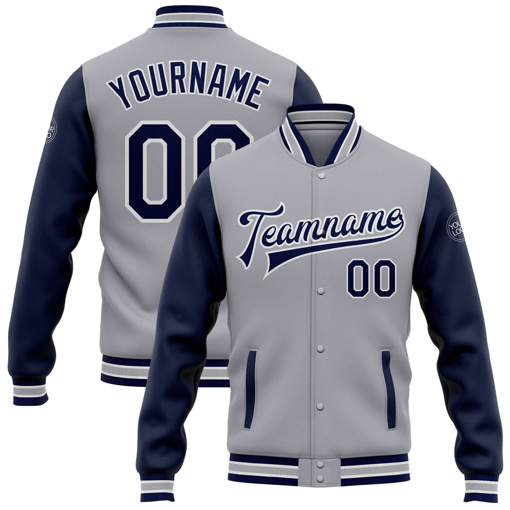 Custom Gray Navy-White Bomber Full-Snap Varsity Letterman Two Tone Jacket