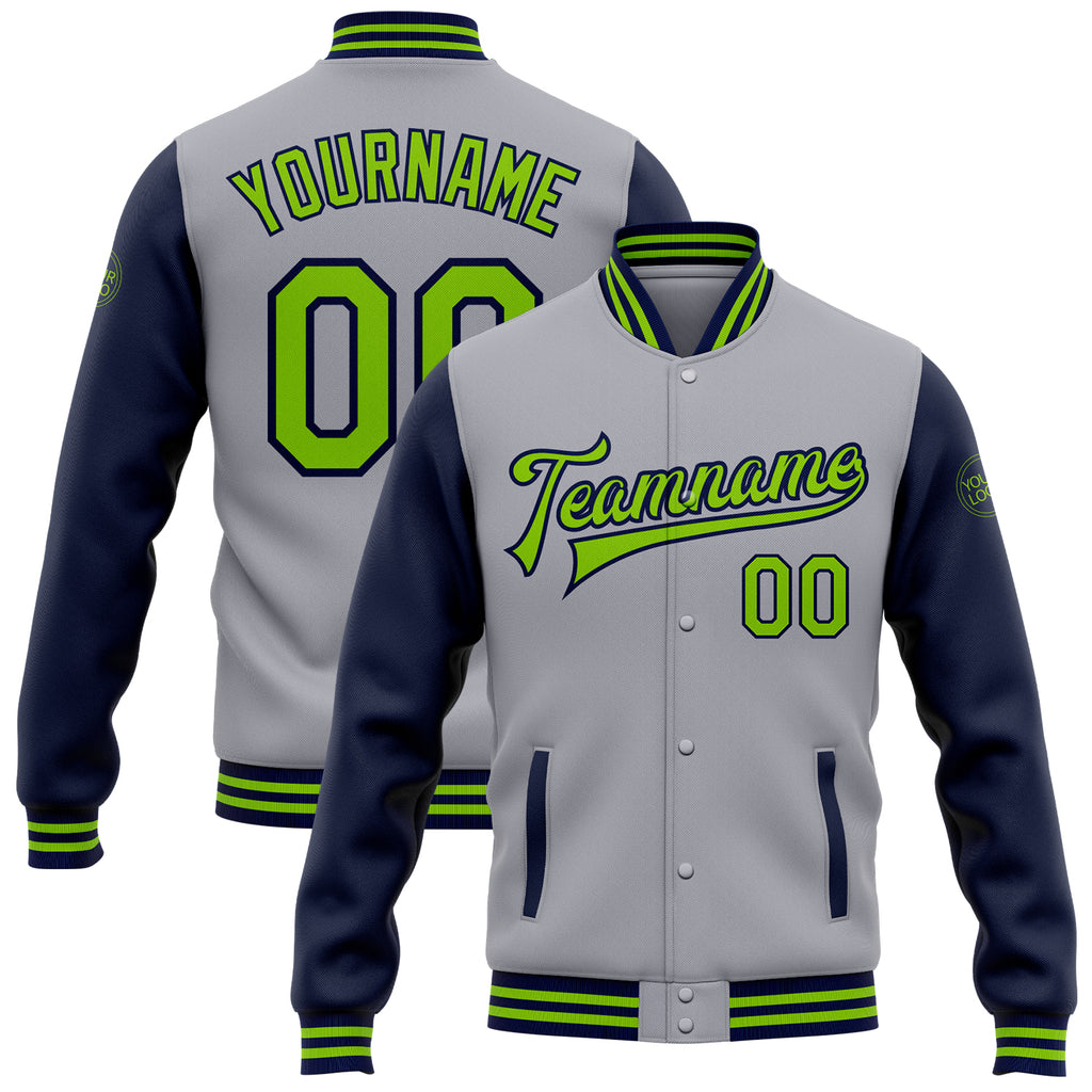 Custom Gray Neon Green-Navy Bomber Full-Snap Varsity Letterman Two Tone Jacket