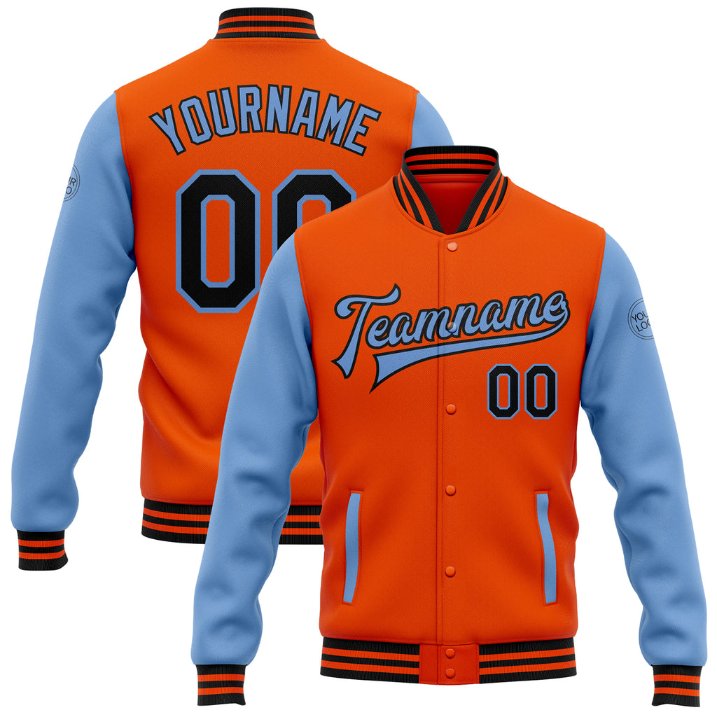 Custom Orange Black-Light Blue Bomber Full-Snap Varsity Letterman Two Tone Jacket