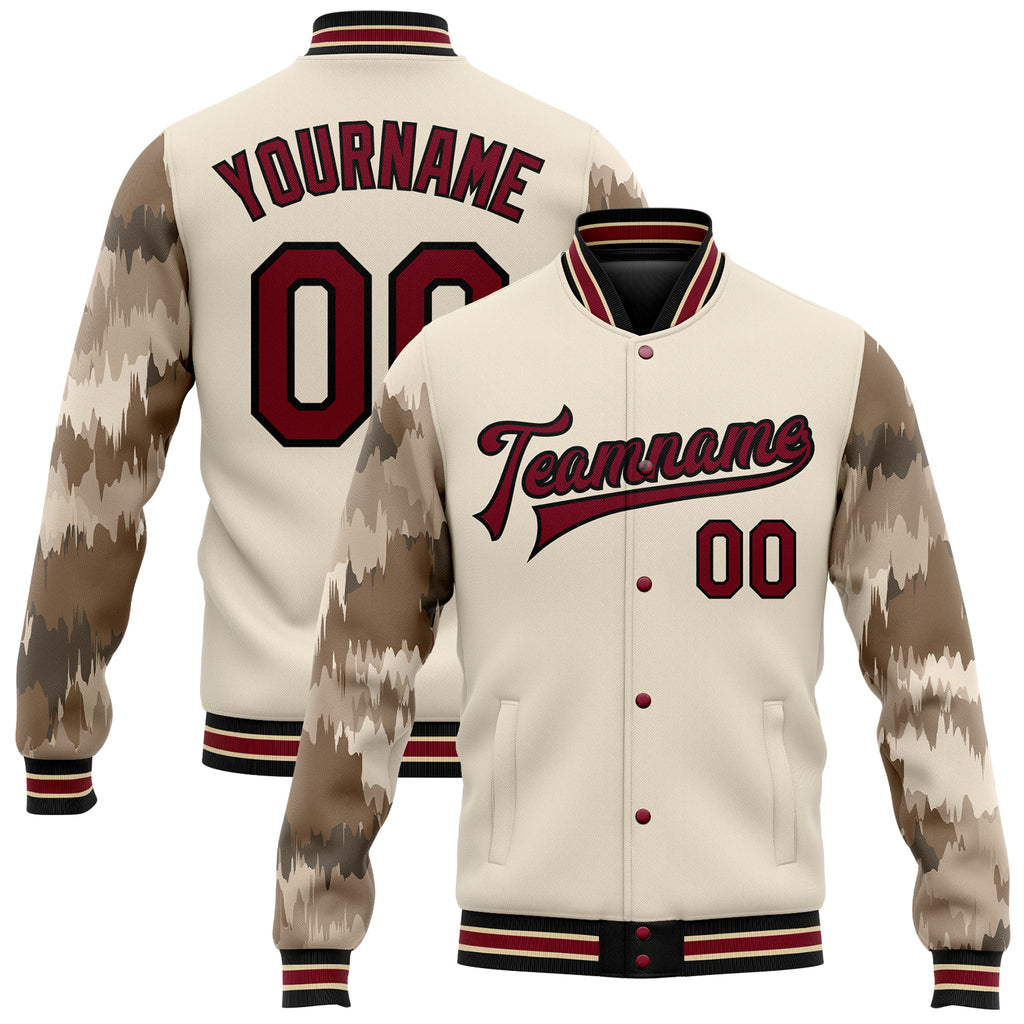 Custom City Cream Crimson-Black Camo Sleeves 3D Pattern Design Bomber Full-Snap Varsity Letterman Jacket