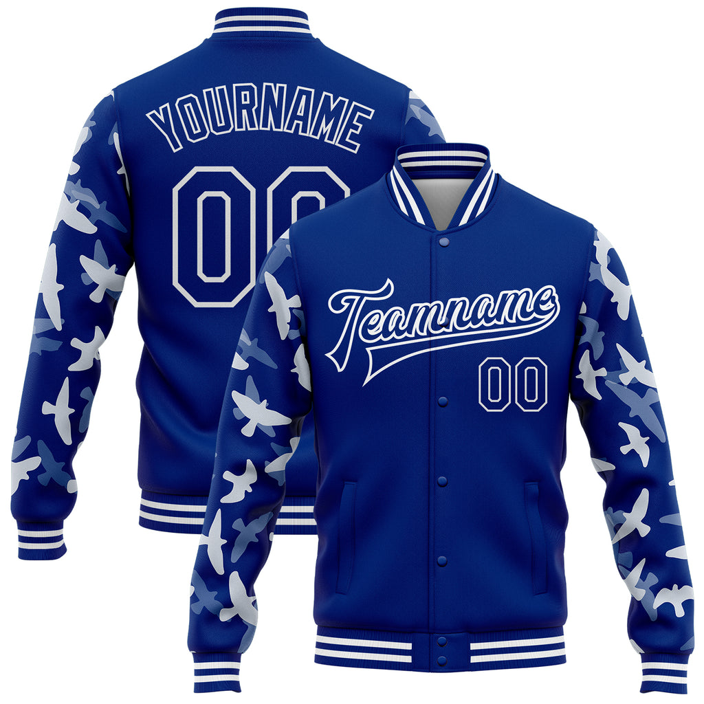 Custom Royal White Flying Bird Sleeves 3D Pattern Design Bomber Full-Snap Varsity Letterman Jacket