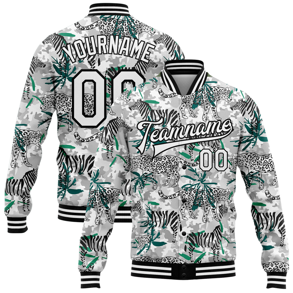 Custom Camo White-Black Tropical Jungle Animal 3D Pattern Design Bomber Full-Snap Varsity Letterman Salute To Service Jacket