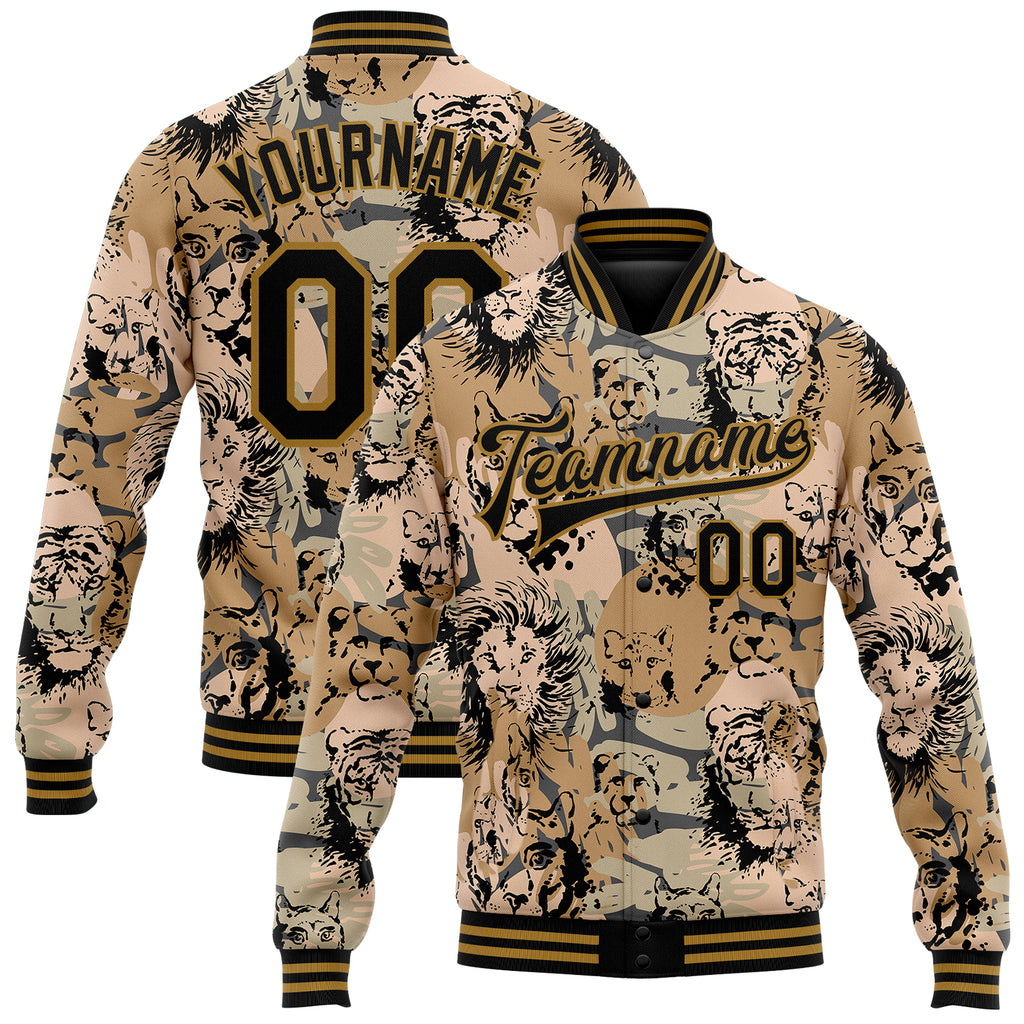 Custom Camo Black-Old Gold Lion And Tiger 3D Pattern Design Bomber Full-Snap Varsity Letterman Salute To Service Jacket