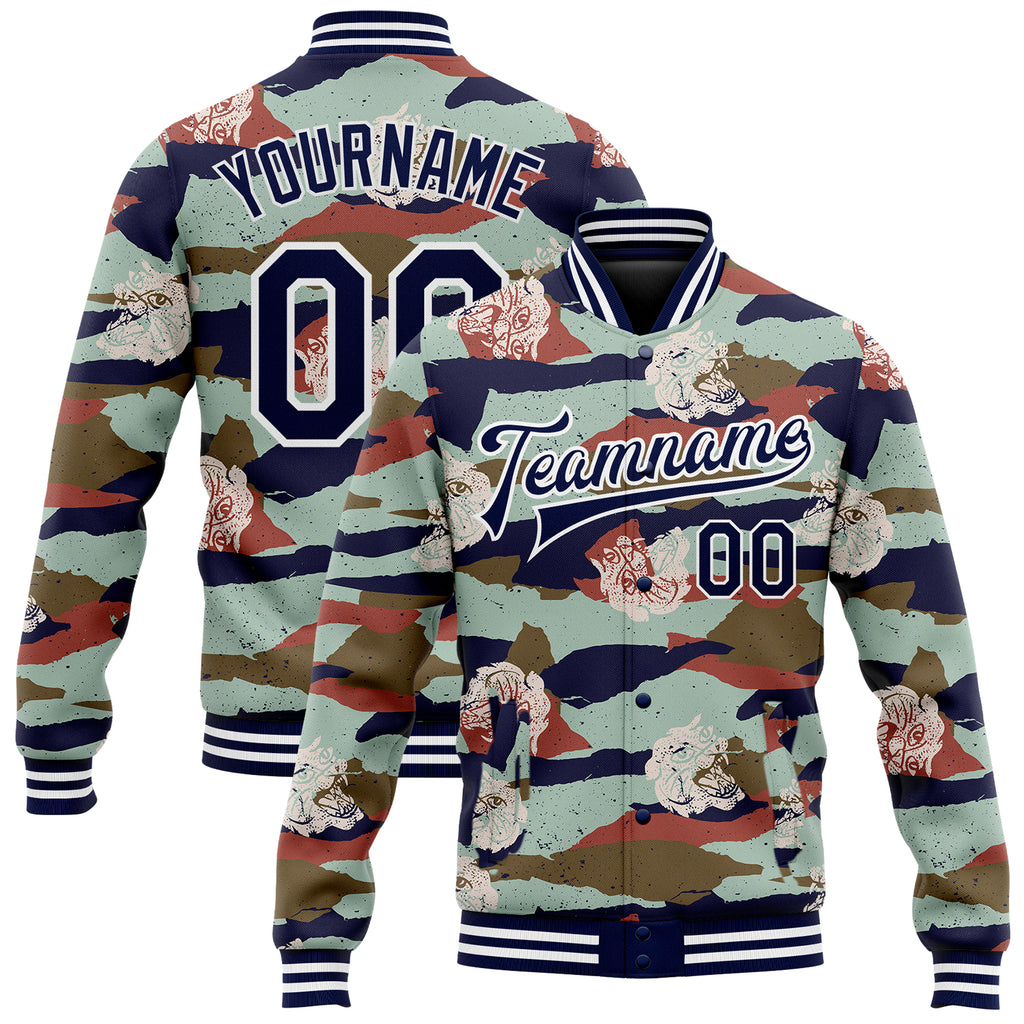 Custom Camo Navy-White Tiger 3D Pattern Design Bomber Full-Snap Varsity Letterman Salute To Service Jacket