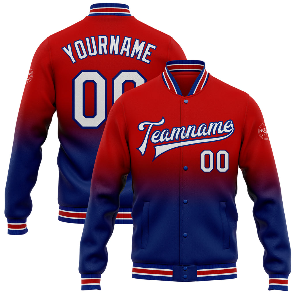 Custom Red White-Royal Bomber Full-Snap Varsity Letterman Fade Fashion Jacket