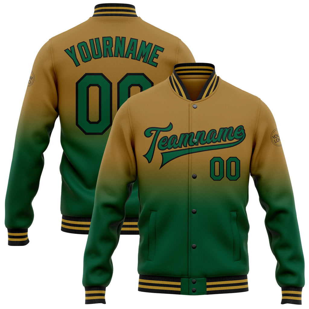 Custom Old Gold Kelly Green-Black Bomber Full-Snap Varsity Letterman Fade Fashion Jacket